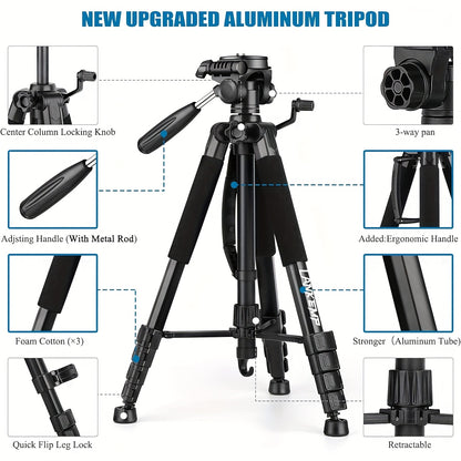 Aluminum Alloy Tripod, 74-inch Professional Heavy-duty Camera Stand, Equipped with A Quick-release Plate, Phone Holder, Suitable for Carrying Bags Of Digital Single-lens Reflection Cameras, Mobile Phones, Projectors, Scopes, And Webcams