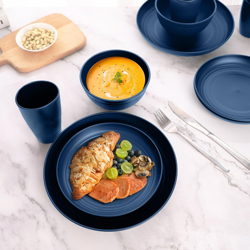 32pcs/16pcs Unbreakable Wheat Stem Fiber Tableware – Complete 4-8-Person Setting for Daily & Special Occasions | Microwave-Safe Stackable Dishes | Lightweight Yet Durable | Ideal for Airbnb Hosts, Caterers