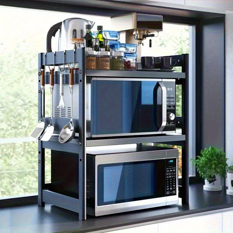 1pc Adjustable Telescopic 3-Tier Microwave Oven Rack - Space-Saving Countertop Storage Shelf for Kitchen, Durable Metal Multi-Purpose Organizer with Hooks for Microwaves, Ovens, Rice Cookers & Spices (Easy Assembly), Spice And Cooker Holder