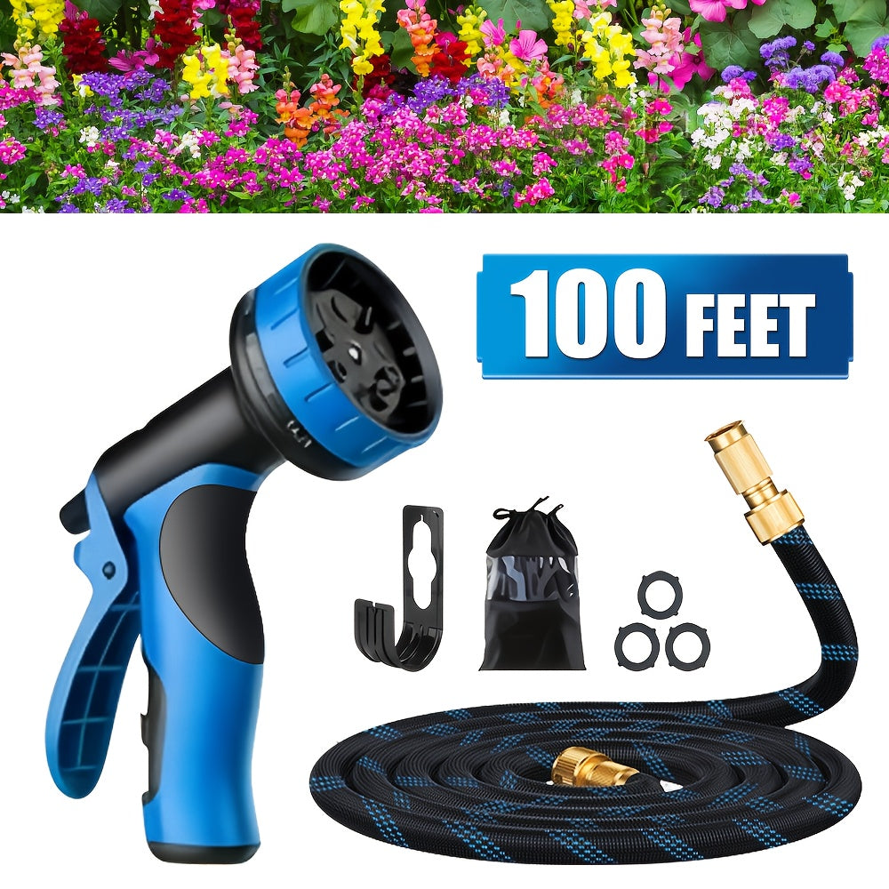 Garden Water Hose 30.48 Meters, Non-Expandable Ultra Lightweight Soft Water Hose, with 10 Modes of Nozzles, Anti-Twist, Leak-Proof, 3750D High-Density Fabric And Shut-Off Valve, Water Hose with 7.62 Meters/15.24 Meters/30.48 Meters/45.72 Meters