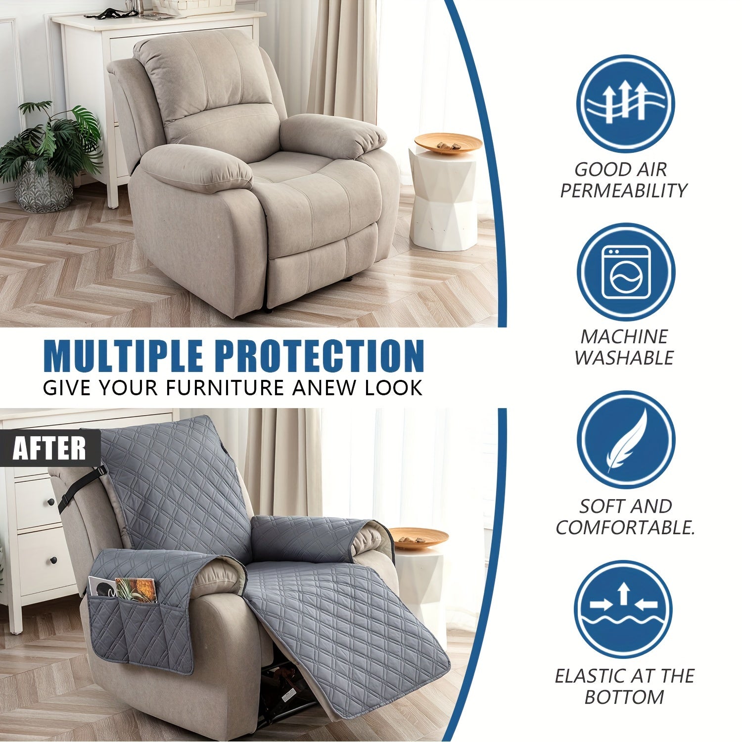 1/2/3seats 100% High Quality Recliner Chair Cover, Non Slip Recliner Covers for Recliner Chair with Pocket, Washable/Winter Insulation/Furniture Protector for Pets, Easy to Install & Easy Care for Dining Room.
