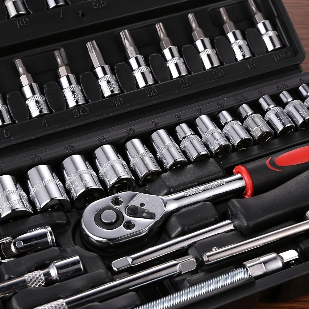 46/50pcs Socket Wrench Set Ratchet Set Mechanical Tool Kit for Auto Repair And Home Use Metric 1/4 Inch Drive Bit Socket, with Bit Socket Set Metric And Extension Bar for Auto Repairing And Household, with Storage Case