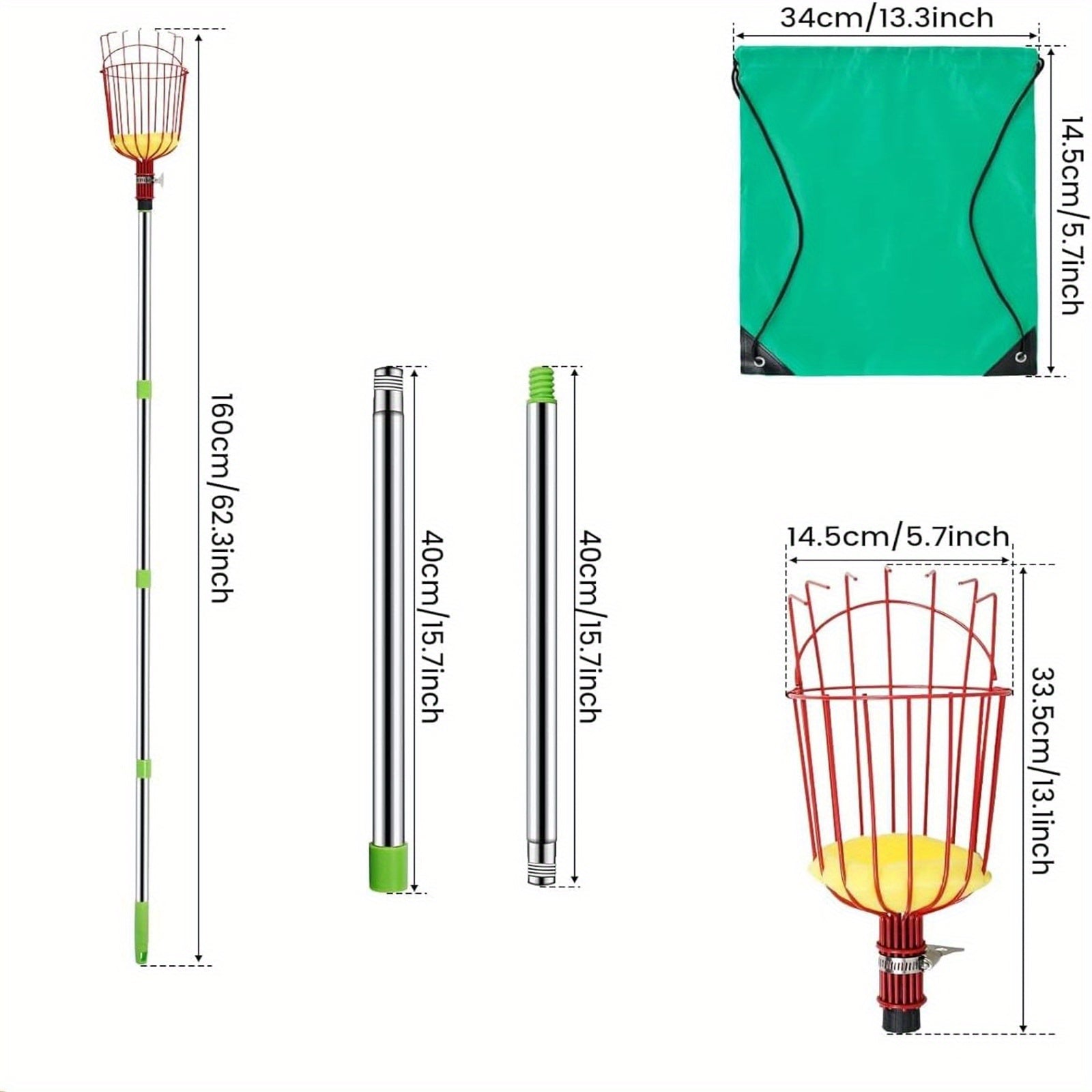 243.84cm Fruit Picker, Adjustable Stainless Steel Fruit Picker Pole with Basket, Fruit Picker Tool for Apple Mango Pear Orange Avocado Lemon Fruit Picking