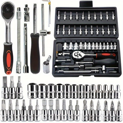 46/50pcs Socket Wrench Set Ratchet Set Mechanical Tool Kit for Auto Repair And Home Use Metric 1/4 Inch Drive Bit Socket, with Bit Socket Set Metric And Extension Bar for Auto Repairing And Household, with Storage Case