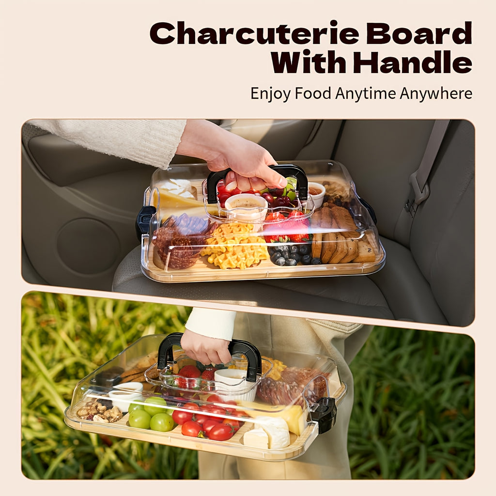 [Portable Bamboo Cheese Tray] Portable Bamboo Cheese Tray with Transparent Acrylic Lid | Decorative Food Board for Charcuterie, Appetizers, Desserts, Cheese & Meat Boards - Suitable for Christmas, Halloween, Thanksgiving, Valentine's Day & Parties