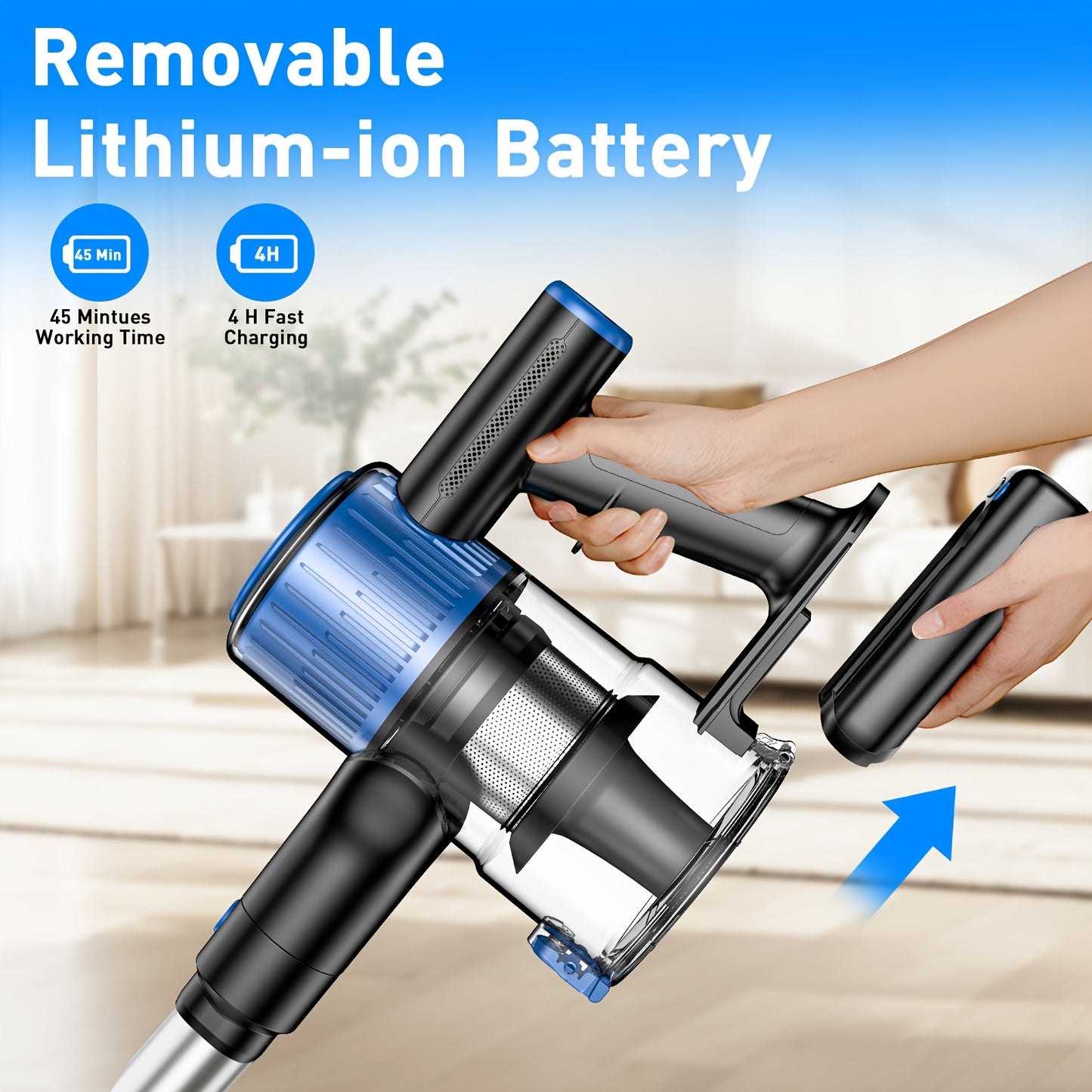 Cordless Vacuum Cleaner, 45KPa Powerful Cordless Vacuum Cleaner, 2200-2500mAh,, Anti-Tangle FloorBrush, 8-in-1 Vacuum Cleaners for Home, Lightweight Powerful Stick Vacuum Cleaner, Rechargeable Vacuum for Carpet, Pet Hair, Tile