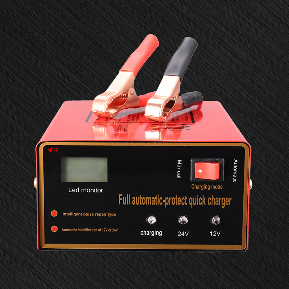 12V/24V Car Battery Charger with LED Display – Smart Pulse Repair Technology for Cars, SUVs, Trucks, Motorcycles & ATVs – Red, High-Power Lead-Acid AGM Charger for Optimal Performance, Vehicle Repair Tool | LED Display Charger | Advanced Electronic Charge