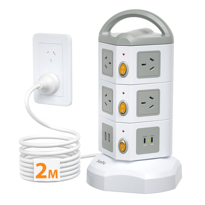 14-In-1 Tower Power Station And Surge Protected Power Board: 10 AC Outlets Multi Plug with 4 USB Ports (2 Fast USB-C), 2M Built-In Extension Cord | Compact Vertical Charging Station, USB Hub And Outlet Extender for Home Office Desk