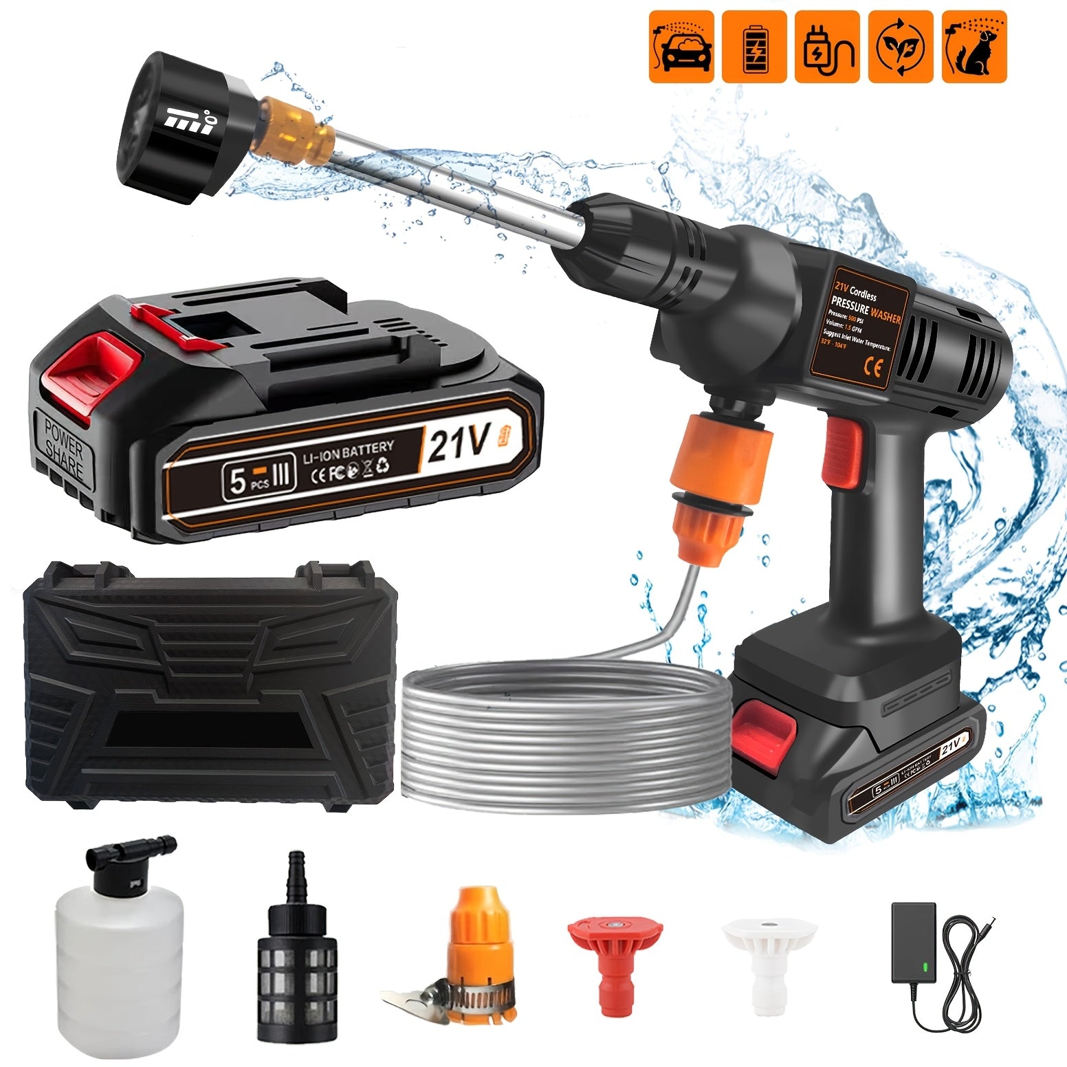 6-In-1 High Pressure Washer Gun, Electric Water Spray Equipped with 2 Or 1 Battery Rechargeable Batteries - Portable Handheld High Pressure Cleaner for Car, Balcony, Garden, Yard, Floor, Bike, Windows