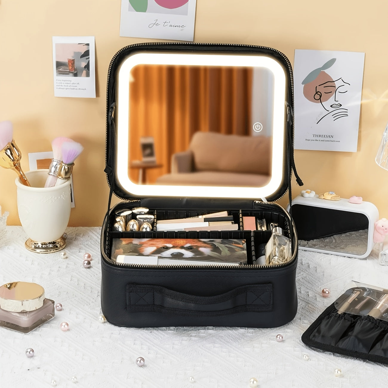 Makeup Bag with LED Mirror And 3-Color Lights, Multi-Layer Large Capacity Portable Illumination Adjustable Brightness Removable with Brush Holder Slot Beauty Organizer Travel Cosmetic Bag Unisex Birthday Gift for Women
