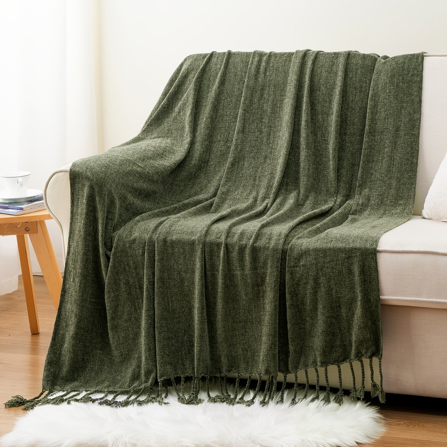 Chenille Throw Blanket for Couch, Decorative Fringe Velvety Throw Blanket for Sofa Home Decor, 127.0cm x 152.4cm