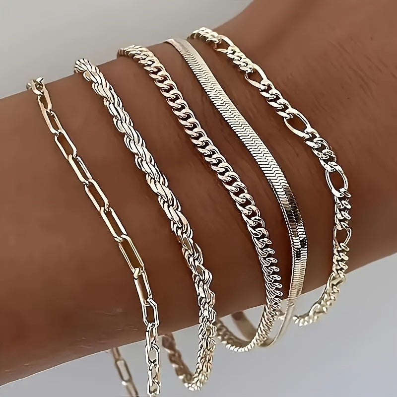 5pcs Bracelet Set, 925 Sterling Silvery Women's Cuban Link Bracelet, Simple Silvery Chain, Handmade Urban Fashion Accessory, Suitable for Christmas and Daily Wear, a Perfect Gift for Family, Daughters, and Friends