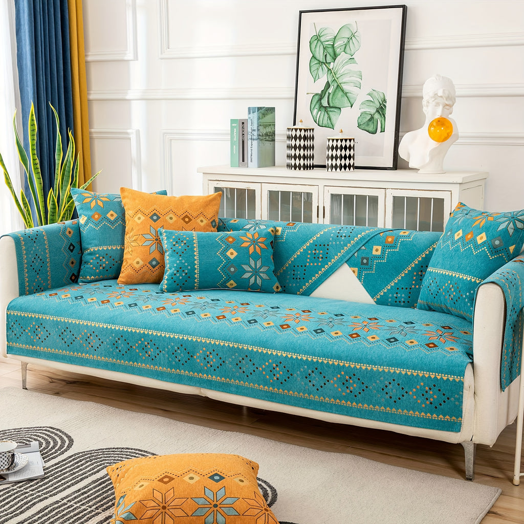 1pc Bohemian Chenille Sofa Cover with Geometric Embroidery - Pet-Friendly Thick Plush Slipcover, Non-Slip One-Piece Design for Sectional Couches, Machine Washable Furniture Protector for Living Room, Bedroom, Office Decor, Durable Slipresistant Fabric