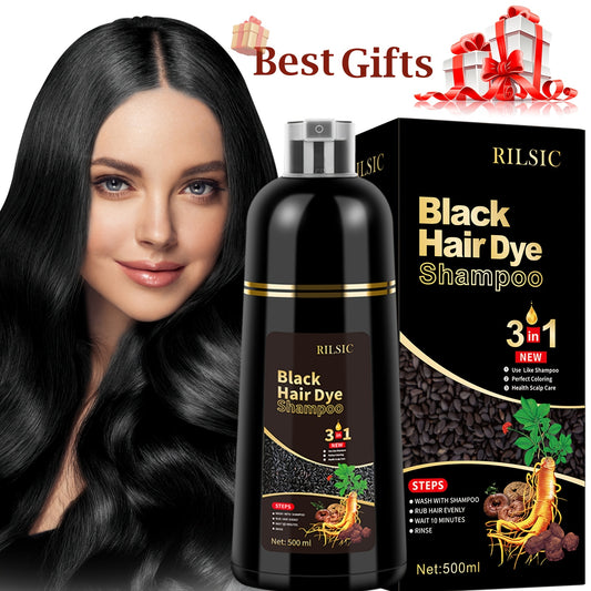 RILSIC 1pc Black Hair Dye Shampoo 3 IN 1, 100% Grey Hair Coverage, Natural Herbal Ingredients Hair Dye Coloring in Minutes, Long Lasting-Safe And Easy to Use, Gifts for Women And Men 500Ml