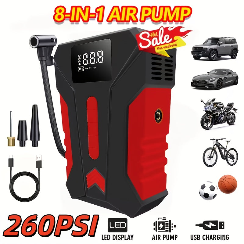 13000A Portable Emergency Startup Power Supply with Air Pump 150 PSI Digital LCD Portable Power Supply Type-C Fast Charging Intelligent Clamps 14.8V (Allgas/7.99 L Of Diesel) Quick Start Vehicle Emergency Startup And Air Pump Integrated Machine