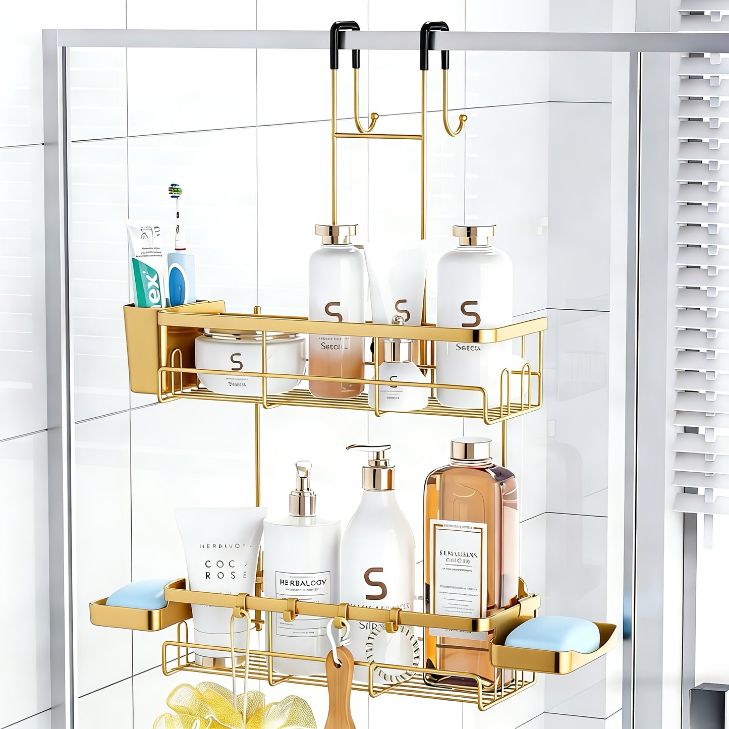Over the Door Shower Caddy Hanging: Black Rustproof Shower Organizer Over the Door - No Drilling Bathroom Rack for Inside, Shower Caddies