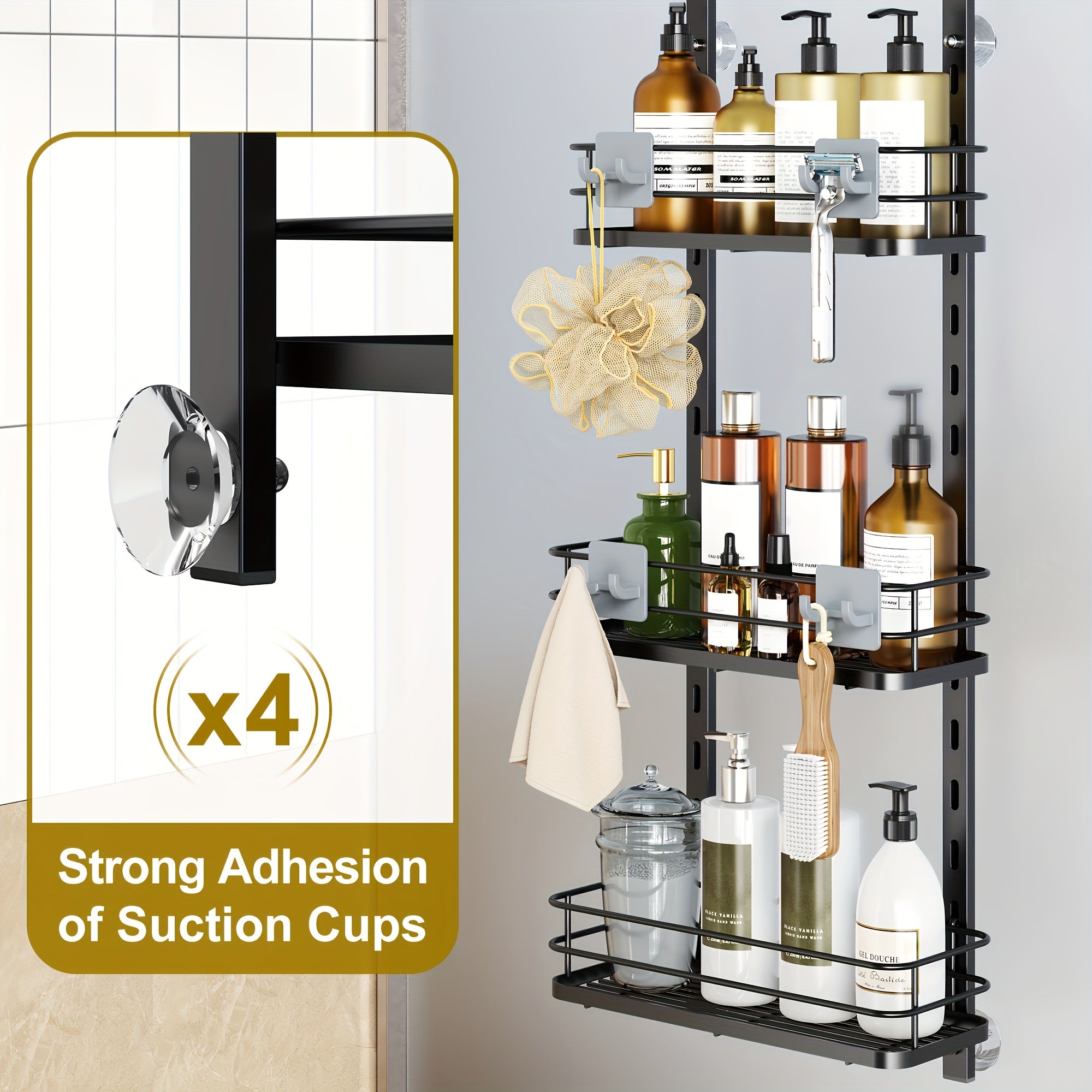 4-Tier Over-The-Door Shower Caddy with Soap Holders, Hanging Shower Caddy with 22 Hooks And 2 Toothbrush Holders, No Drilling Adjustable Hanging Shower Organizer for Bathroom - Space-Saving Bathroom Organizer, Shower Caddies