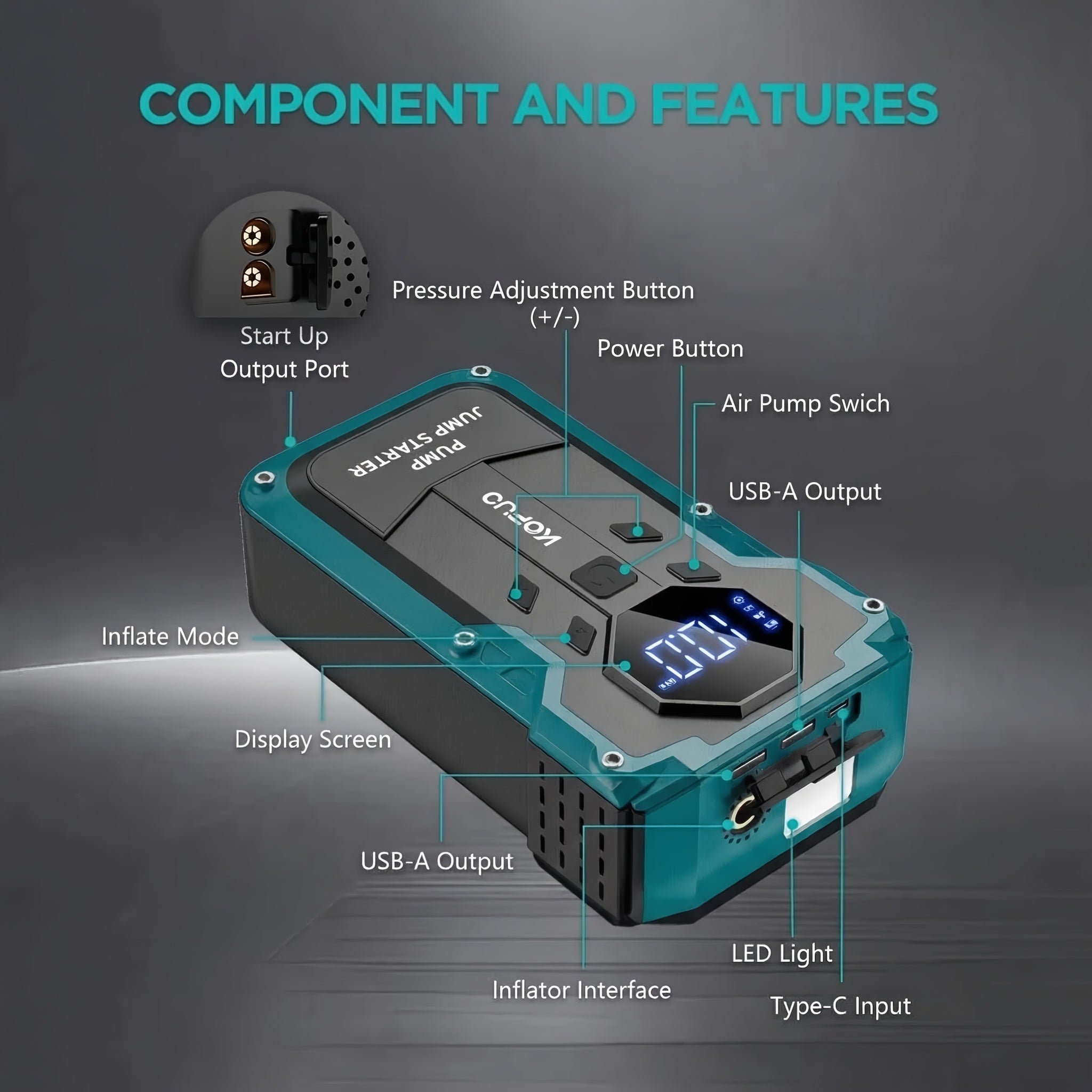 KOPUO 6000A/7000A Jump Starter Optional 10000A Peak 12V Car Jump Starter With Air Compressor, Heavy Duty Jump Starter Battery Pack With 150PSI Portable Tyre Inflator, Battery Booster Power Bank With LCD Display And LED Light