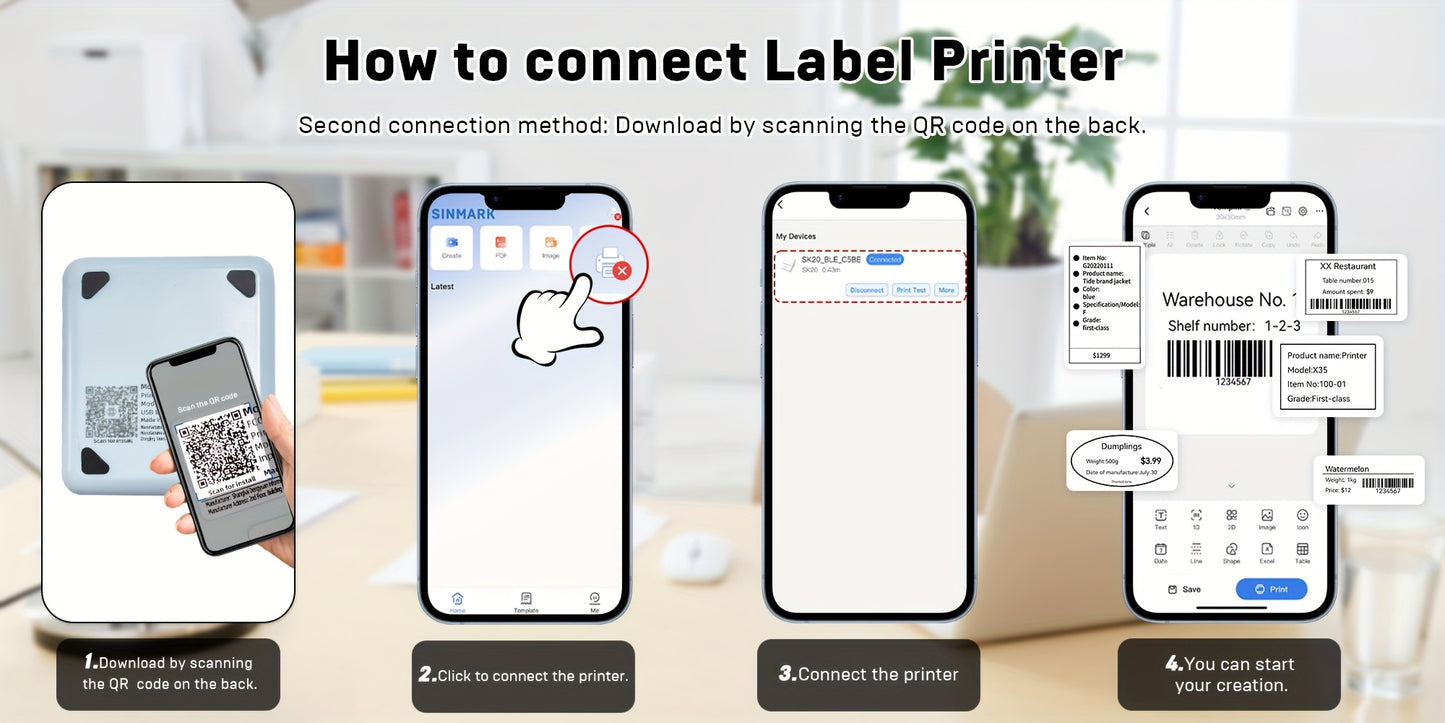 KAYSION SK20 Mini Wireless Thermal Label Printer, With 3 Rolls Of Holographic Label Paper, Is Suitable For Small Businesses, Households, Offices, School, Scenarios.label Maker Printer, Label Printe