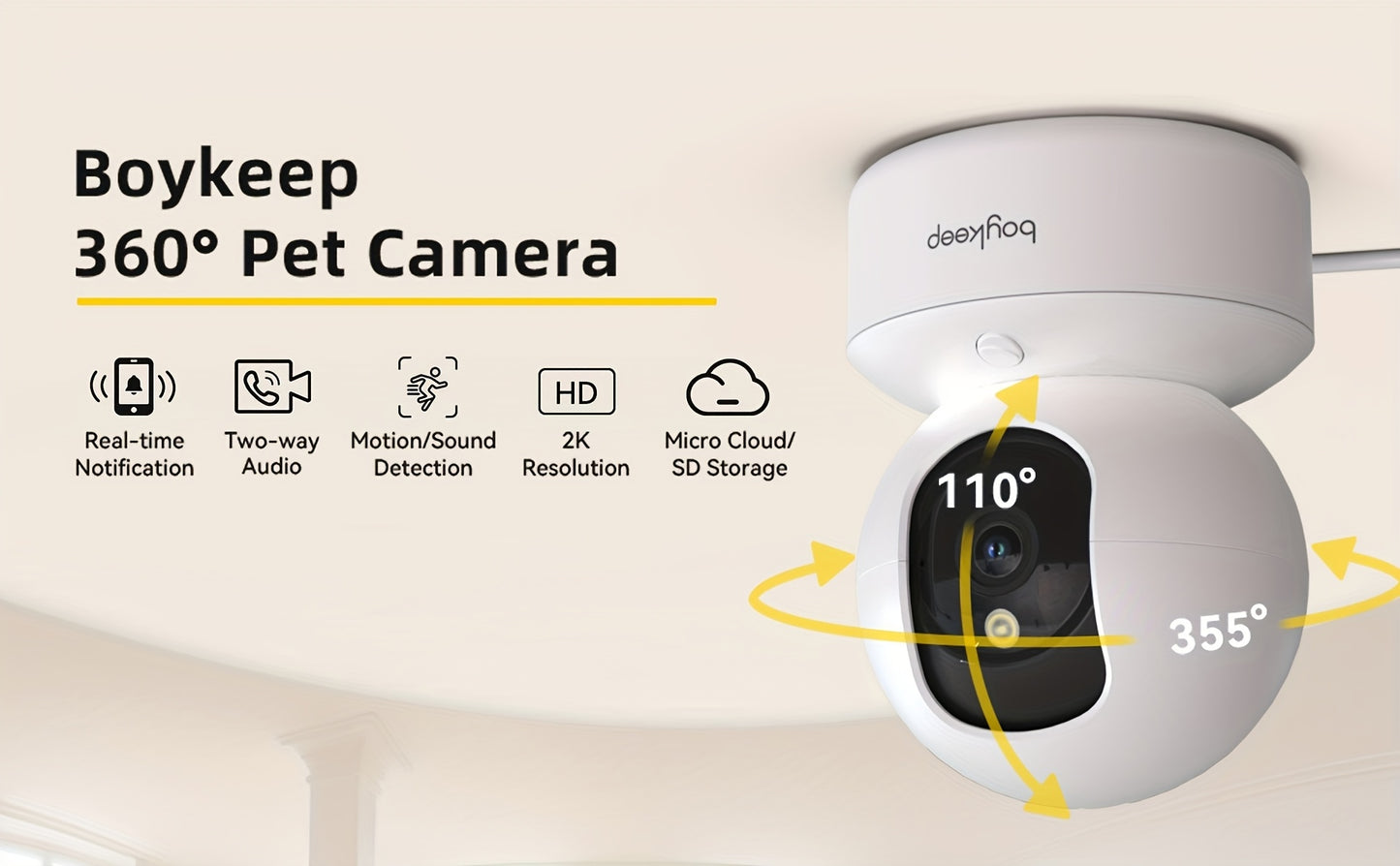 Black Friday 1pc BoyKeep 5g/2.4ghz WiFi Smart Camera, 2K High-definition Indoor Safety Monitor, Special Safety Camera for Babies And Pets, 360° Panoramic Surveillance Video, Night Vision, Two-way Calls, Memory Card And Cloud Storage, K30(Wired)