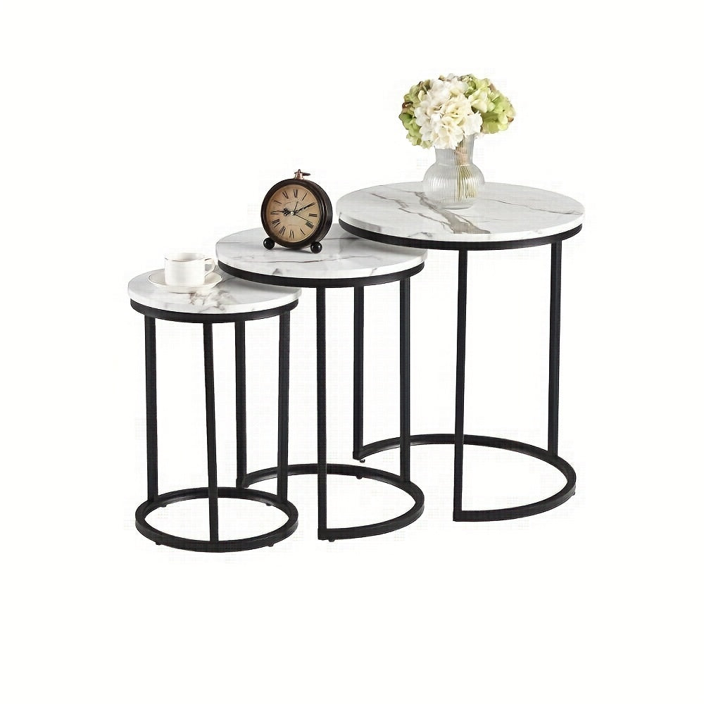 Newmetal End Tables, Utility Shelf, Round Coffee Tables Set Of 3, Modern Side Table with Mental Frame And MDF Board, Nesting Nightstand for Living Room, Bedroom, Black & White