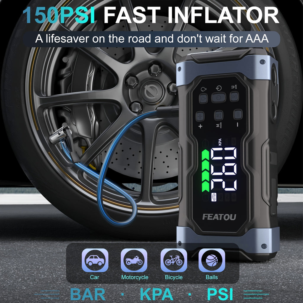FEATOU High-Power 9000A Jump Starter with Air Compressor/Tire Inflator, 12V Jumper Box for Car(All Gas/14L Diesel), 9in 1 Portable Jump Starter Power Pack, Jump Starter Battery Pack, Heavy Duty Portable Jump Starter, Christmas Gifts