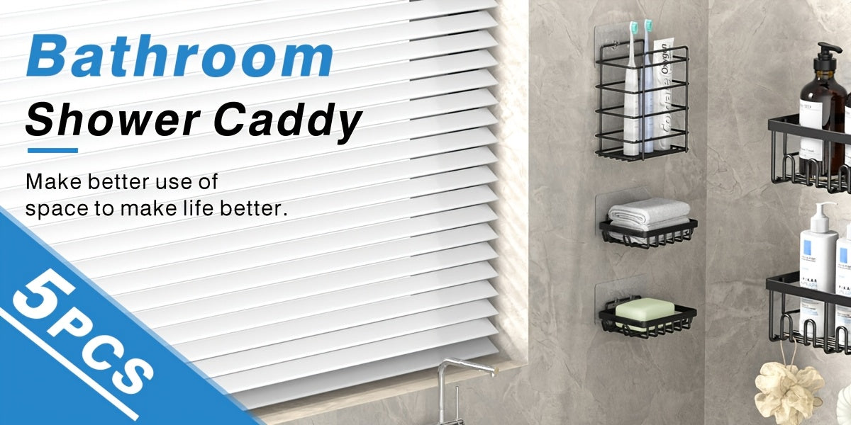Adhesive Shower Caddy, 5-Pack Rustproof Stainless Steel Bath Organizers with Large Capacity, No-Drill Shelves for Bathroom Storage & Home Decor