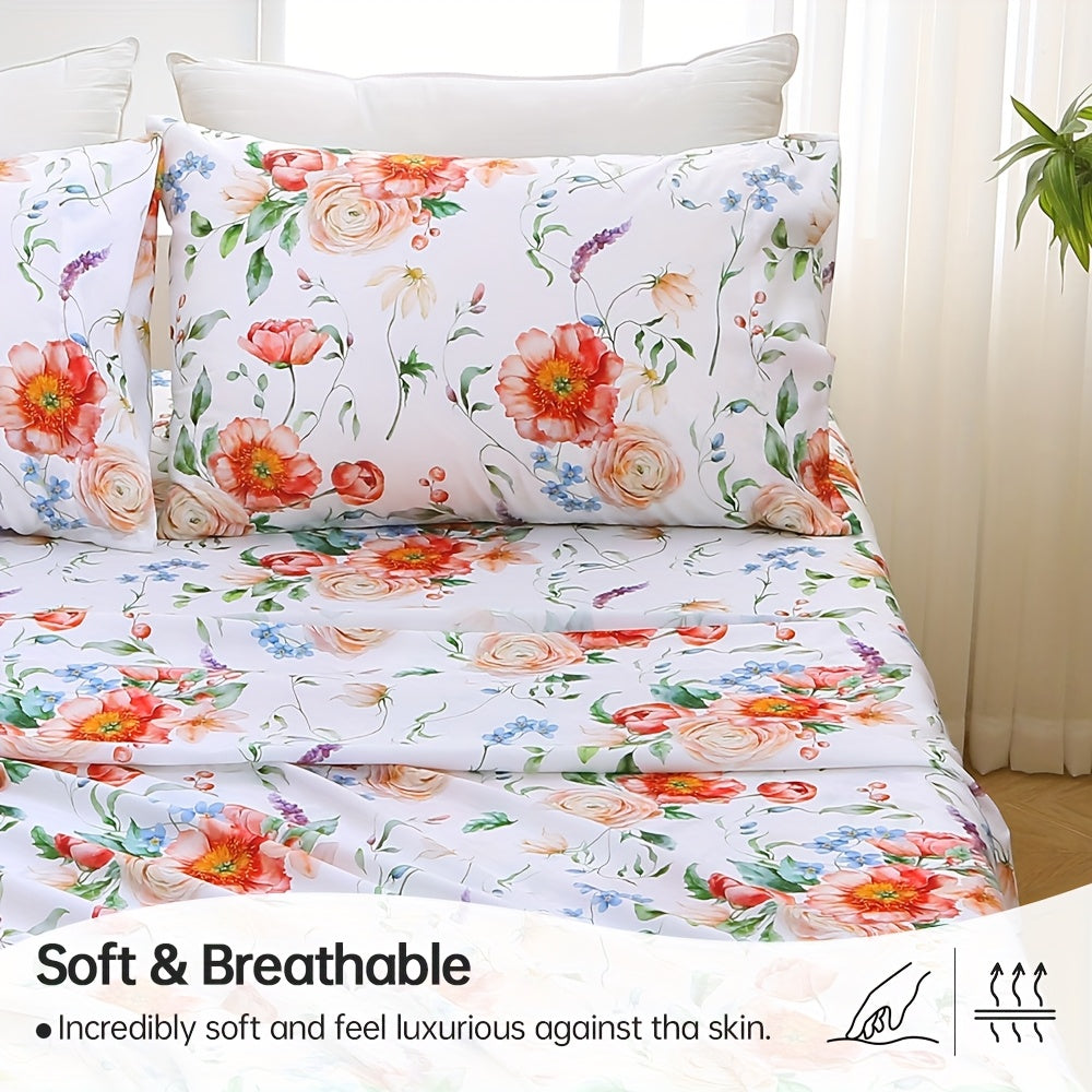Deep Pocket Sheets Set - Cooling Floral Sheet Set - 2000TC Kids Bed Sheets Queen Size - Breathable And Skin-Friendly, Super Soft, Wrinkle Free - Perfect Gift for Cooling Sleep - S/D/Q/K