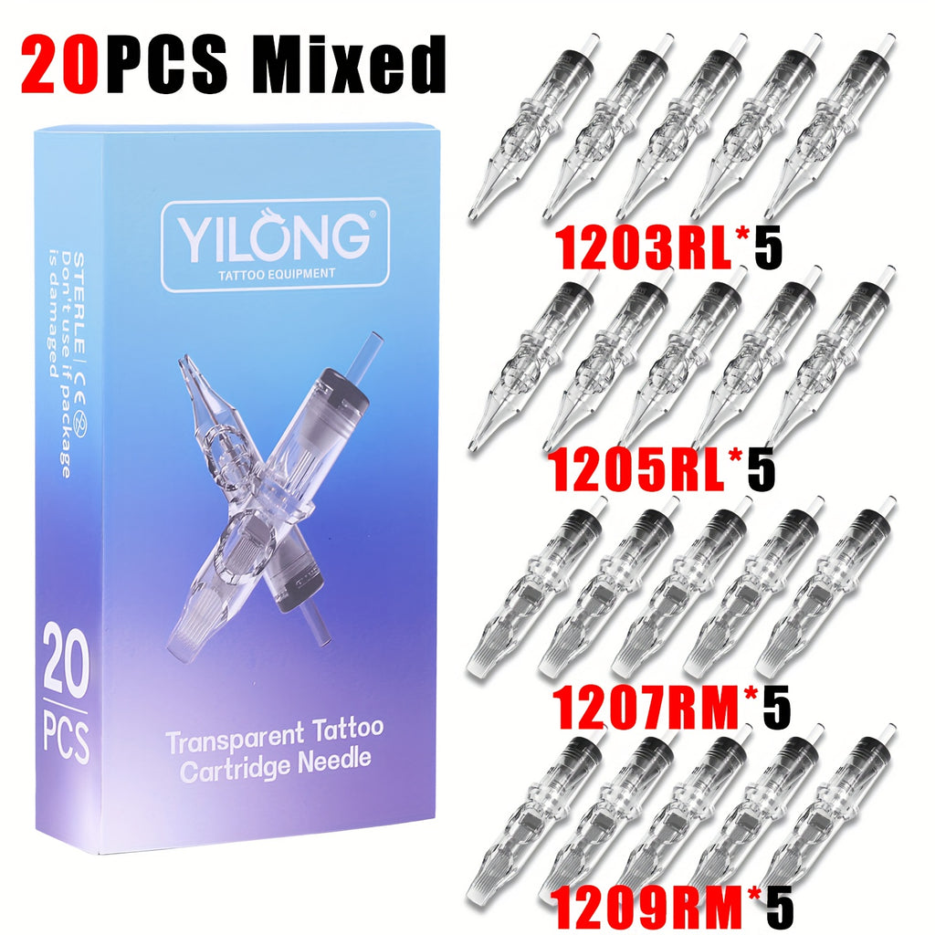20/50pcs Mix Tattoo Cartridge Needle Set - Mixed RL/RM/RS/M1 Sizes for Artists & Beginners, Fragrance-Free Body Art Supplies By YILONG, Disposable Tattoo Needles