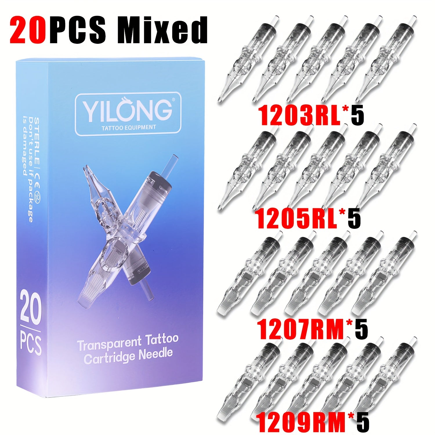 20/50pcs Mix Tattoo Cartridge Needle Set - Mixed RL/RM/RS/M1 Sizes for Artists & Beginners, Fragrance-Free Body Art Supplies By YILONG, Disposable Tattoo Needles