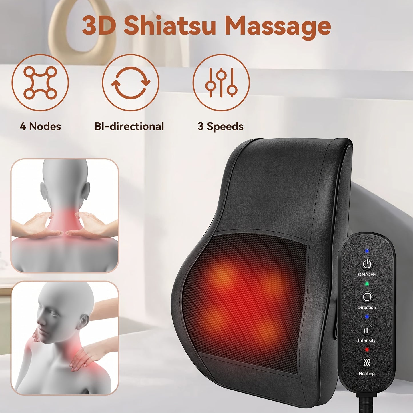 MASSTECK Shiatsu Back Massager with Heat, Deep Tissue for Neck, Shoulders & Back, 3 Massager Modes & 2 Heating Levels, 3D Kneading Massage for Body Relax, Massager Gifts for Mom, Dad, Women