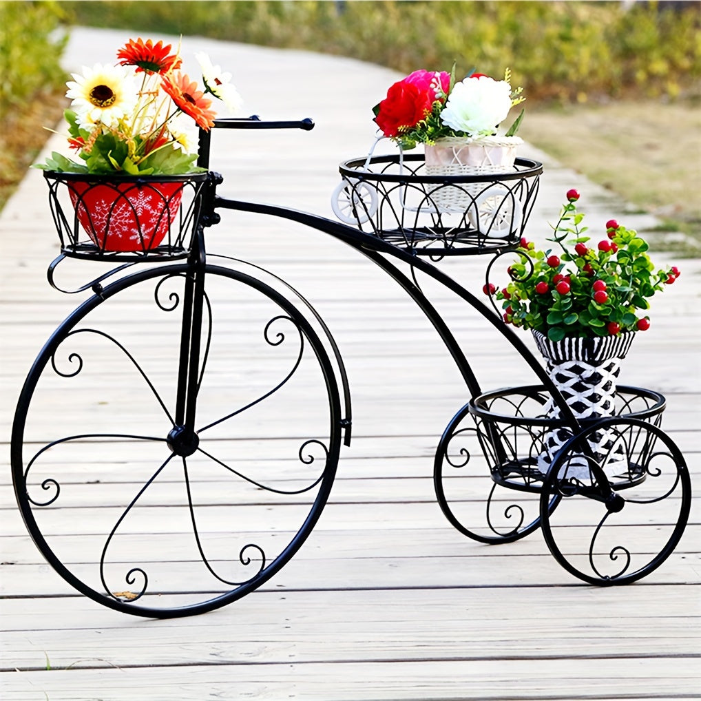 Flowers Pot Planter Stand Tricycle Flower Cart Plant Shelf Iron Garden Display Stand for Outdoor Indoor Multiple Plants
