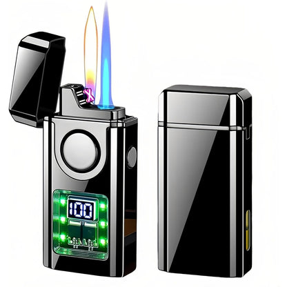 Three-flame Windproof Dual-Jet Flame Lighter, Inflatable Lighter With Electric Charge Display, Voice Controlled, And Capable Of Shaking Ignition, Direct Fire, Double Arc, Suitable For Outdoor Camping And Daily Use, The Ideal Gift Choice For Men