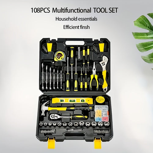108pcs Home Tool Kit: Durable Carbon Steel, Includes Hex Keys, Screwdriver Bits, Wrenches & Measuring Tape - Perfect for DIY, Household & Auto Maintenance