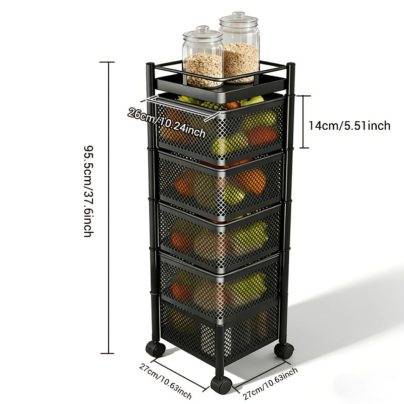 5-tier Rotating Kitchen Organizer with Wheels. 360° Adjustable, Mobile Metal Frame Saves Space. Modern White Design. Perfect for Storing Snacks, Fruits, Vegetables In Kitchen, Bathroom, Or Office. A Great Festive Gift Choice!, Shelves