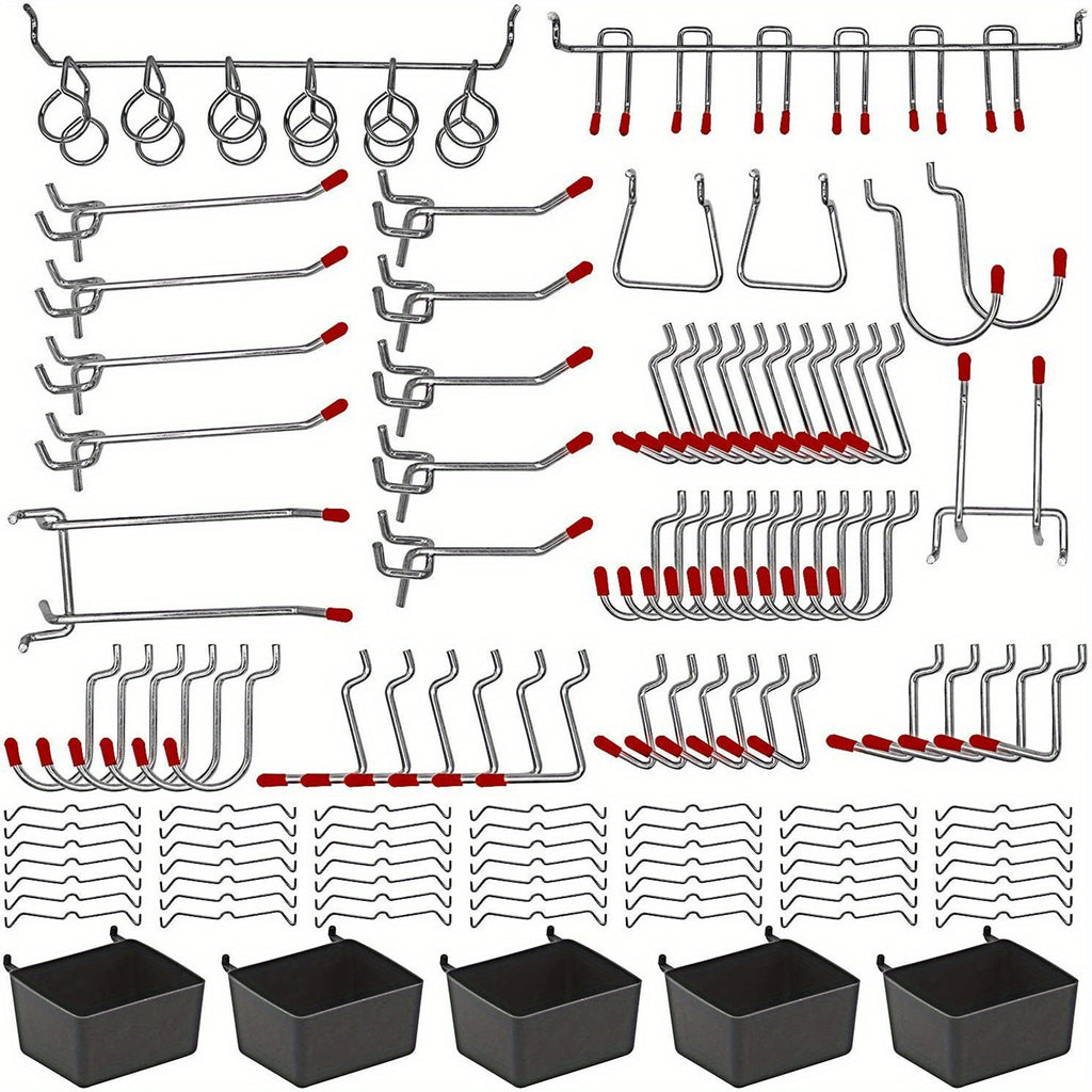 114 Pcs Peg Board Hooks Assortment with Metal Hooks Sets, Hole Plate Bins, Peg Locks for Organizing Storage System Tools Easy to Use