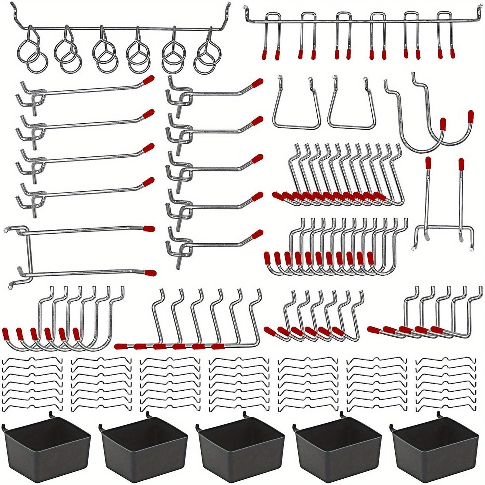 114 Pcs Peg Board Hooks Assortment with Metal Hooks Sets, Hole Plate Bins, Peg Locks for Organizing Storage System Tools Easy to Use