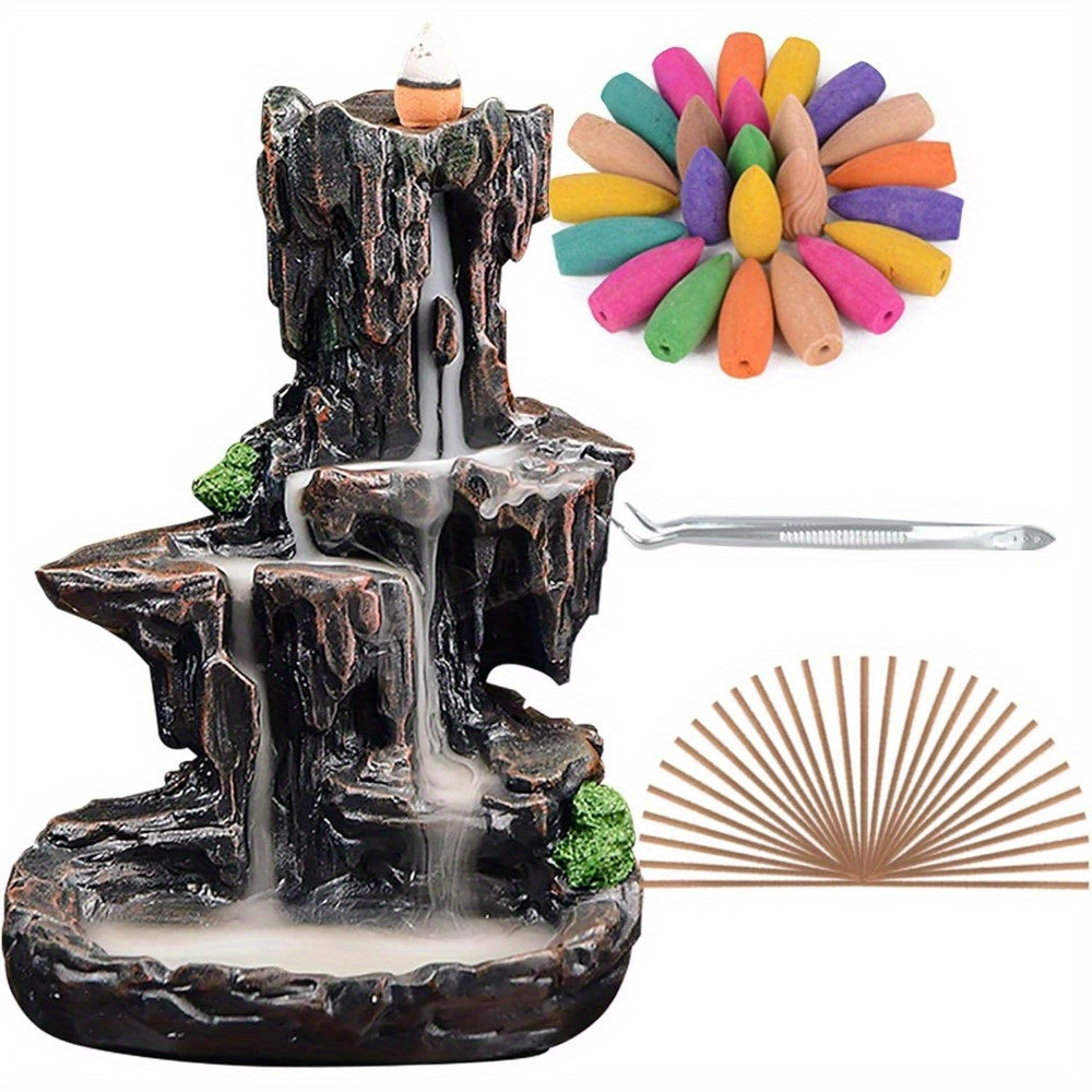 Incense Burner, Backflow Incense Holder 2 Sides Waterfall Incense Burnier with 120 Backflow Incense Cones, 30 Incense Sticks, Aromatcherapy Ornamen for Home