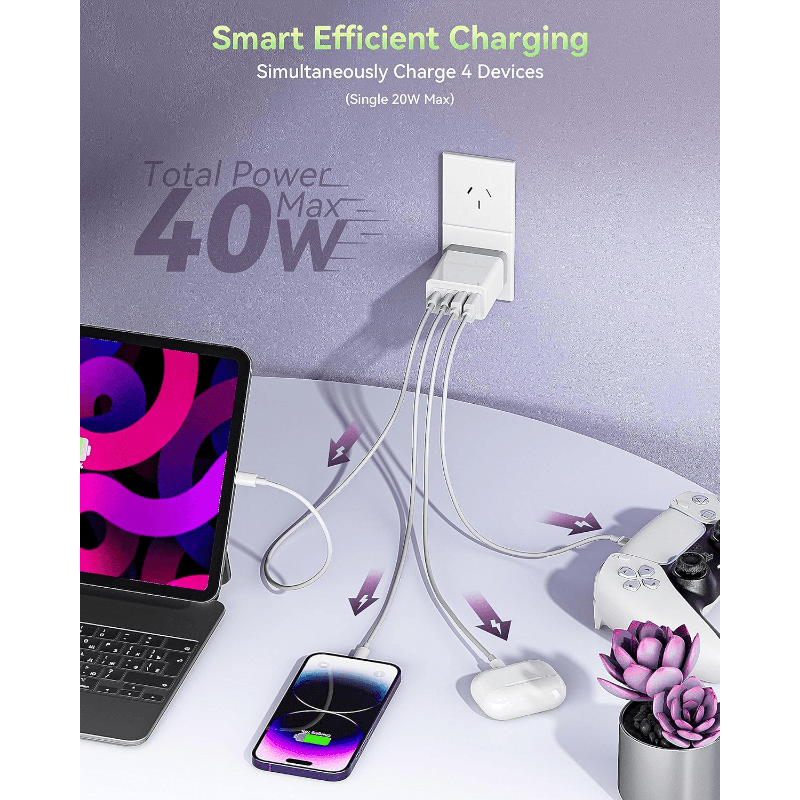 HEYMIX 40W USB C Fast Charger, 4-Port 20W USB C Power Adapter with QC3.0 AUS Plug, Dual USB-C Wall Charger, Dual PD USBC Charger with C to C Fast Charging Cable, Compatible with iPhone