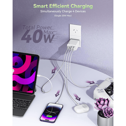 HEYMIX 40W USB C Fast Charger, 4-Port 20W USB C Power Adapter with QC3.0 AUS Plug, Dual USB-C Wall Charger, Dual PD USBC Charger with C to C Fast Charging Cable, Compatible with iPhone