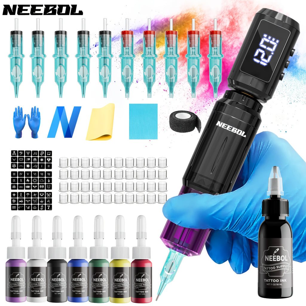 Neebol Wireless Tattoo Machine Kit Complete, Rotary Tattoo Gun, 6 Hour Battery Life, Cordless Tattoo Pen, 10 Cartridge Needles, 7 Ink, Extra Black Ink, Full Tattoo Supply Equipment for Beginners And Artists, Body Art Makeup Easter Gifts