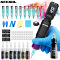 Neebol Wireless Tattoo Machine Kit Complete, Rotary Tattoo Gun, 6 Hour Battery Life, Cordless Tattoo Pen, 10 Cartridge Needles, 7 Ink, Extra Black Ink, Full Tattoo Supply Equipment for Beginners And Artists, Body Art Makeup Easter Gifts