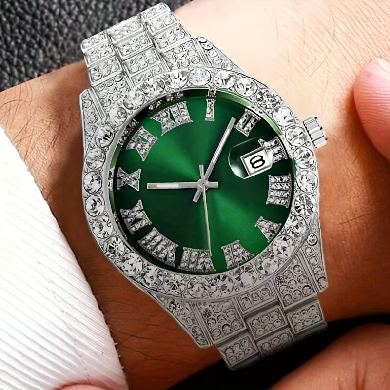 [Men's Watch Set] Luxury Men's Watch, Including Artificial Faux Gemstone Bracelet and Cross Necklace, Roman Numeral Dial Inlaid with Rhinestones, Perfect Gift, a Must for Parties