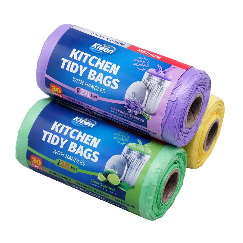 3 Rolls 90 pk Scented Bin Liner Kitchen Tidy Garbage Bag with Handle 27L 51cm x 65cm - 30pk each roll Medium - Scented: Lavender, Lemon, Lime