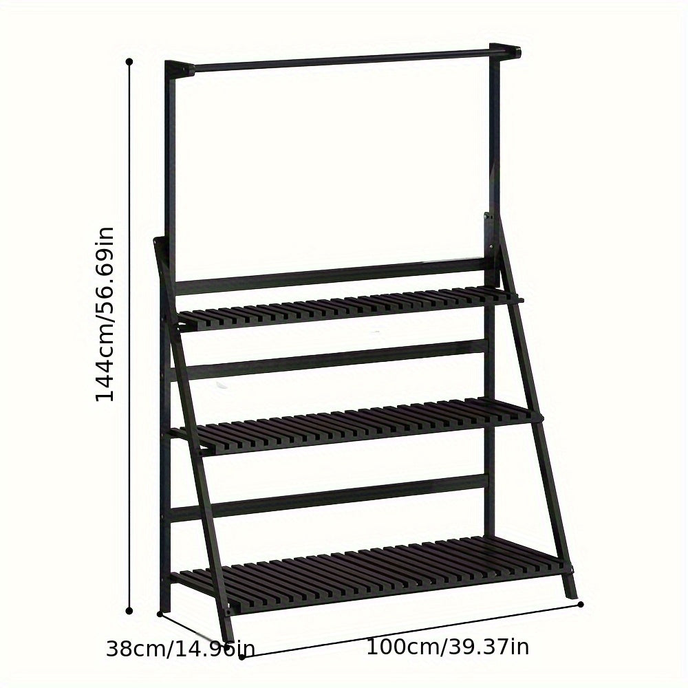 3 Tier 144CM Folding Wooden Hanging Pot Plant Stand Flower Shelf Storage Rack Black