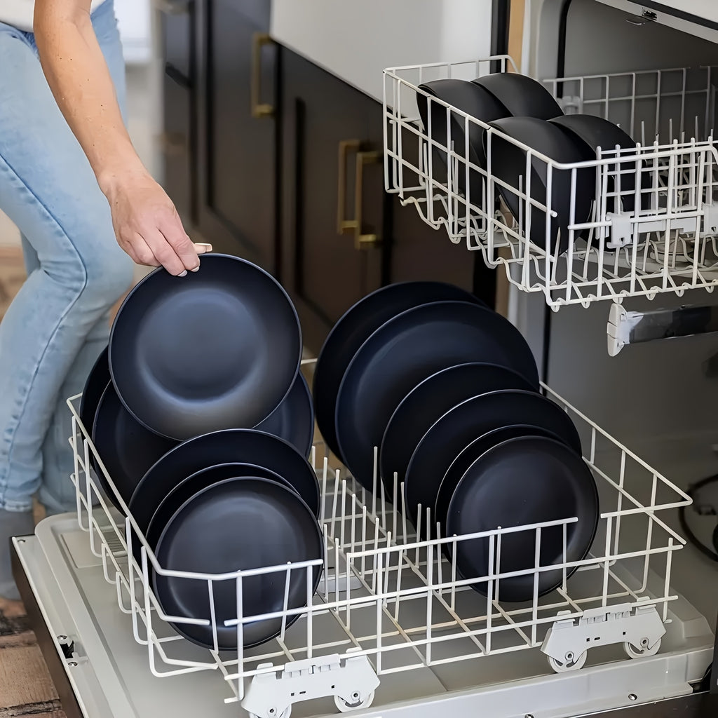 16pcs or 32pcs Black Wheat Straw Dinnerware Set - Large Unbreakable Modern Plates, Bowls & Cups | BPA-Free, Dishwasher & Microwave Safe | Lightweight Stackable Tableware for 4 or 8 People | Elegant Black Dinnerware Set for Everyday Use, Camping