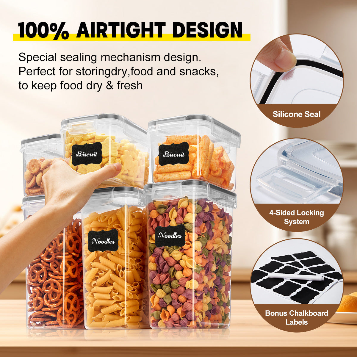 6/12/14/30/48/72pcs (6/7/15/24/36lids+ 6/7/15/24/36jars)Sealed Food Storage Containers With LIDS - Perfect For Kitchen And Pantry Organization, Durable Plastic, Ideal For Grains, Rice, Pasta, Tea, Nuts And Coffee Beans