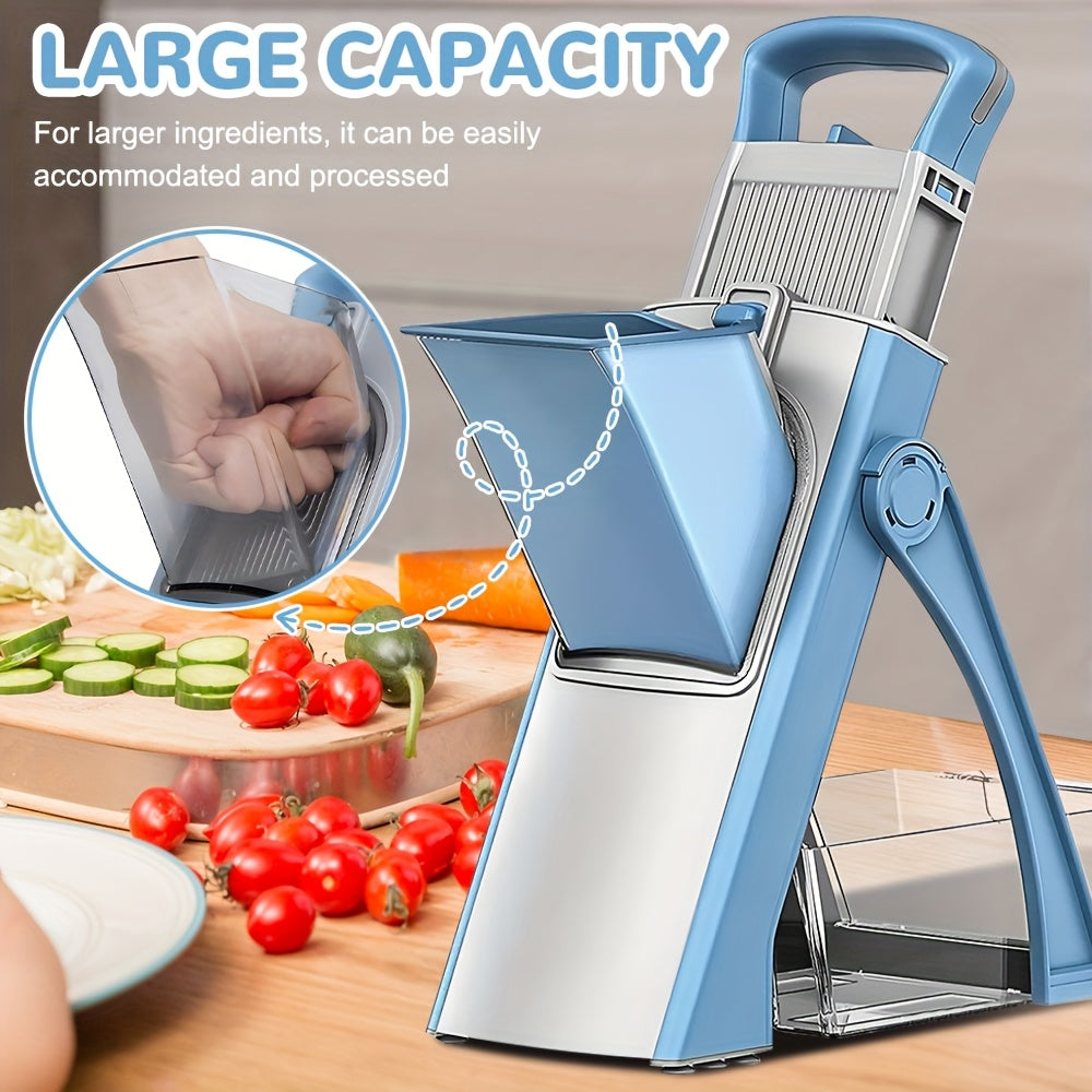4-in-1 Vegetable Cutter Manual Fruit Slicer with Adjustable Detachable Stainless Steel Blade, Foldable Design & Large Capacity ABS Container for Shredding, Slicing, Stripping, Dicing - Compact Kitchen Tool for Efficient Food Prep, Vegetable Slicer, Meal P