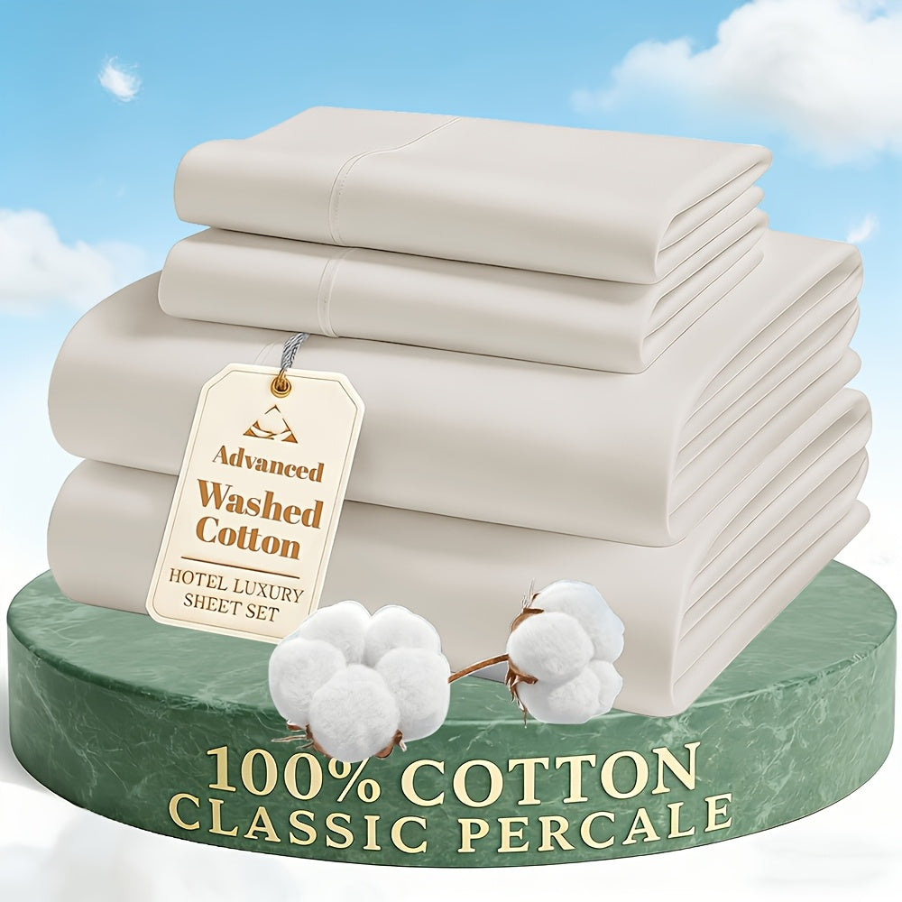 4pcs Luxury Cotton Sheet Set - Ultra Soft & Breathable Shrink Washed Cotton Bed Sheet Set - Fresh And Smooth Sheet Set - Resistant Bedding - 38.1cm Deep Pocket, 1 Fitted Sheet, 1 Flat Sheet &1/2 Pillowcases for Hotel, Home, Dorm - Luxurious Comfort