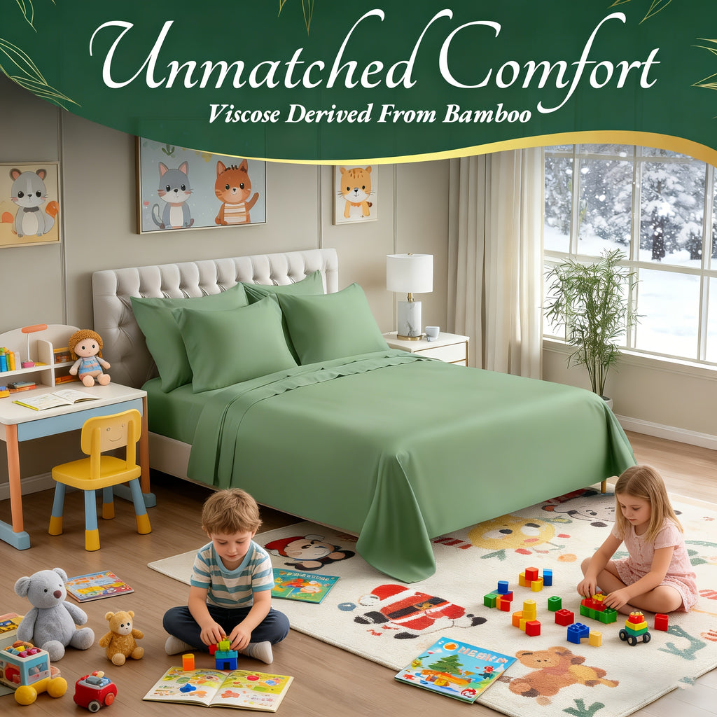 Bamboo Bedding Sheet & Pillowcase Sets - Viscose Derived From Bamboo Sheets 4pcs - Ultra Soft & Luxuriously Cooling, 20-40cm Deep Pocket, Double Stitching, Perfect for Child Hot Sleepers - Kids Room Decor